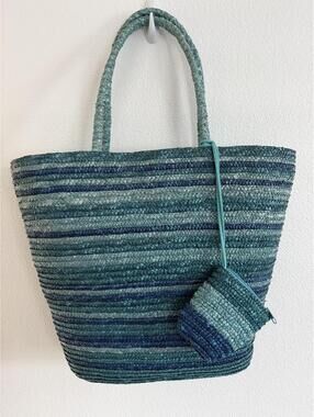 Vintage Extra Large Blue Striped Raffia Striped Tote w/ Pouch Beach Boho Summer
